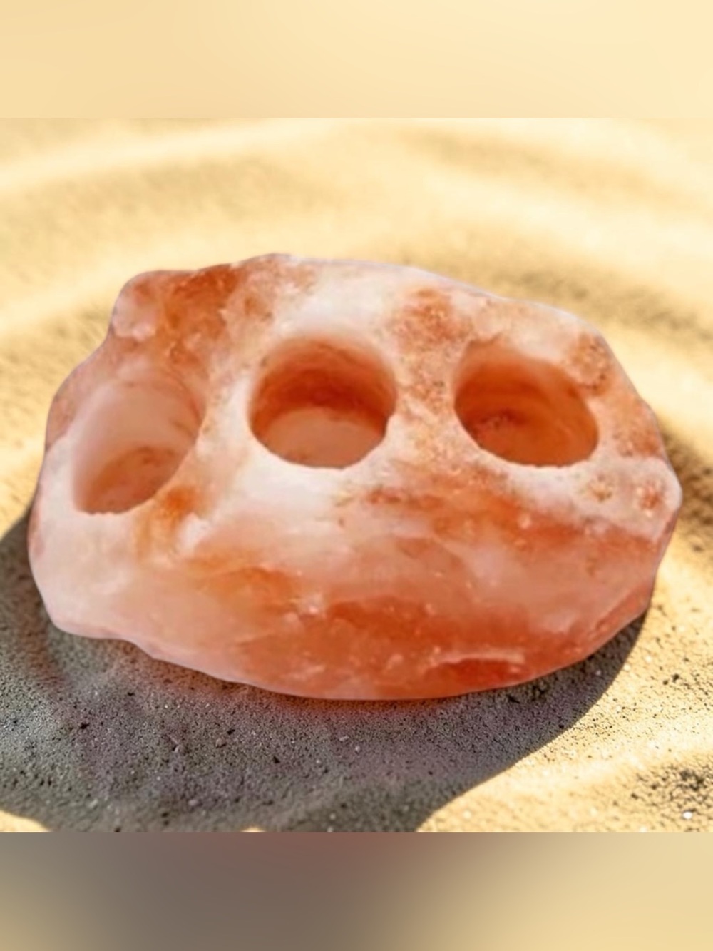 HIMALAYAN SALT CRYSTAL TEA-LIGHT CANDLE HOLDER. HOLDS 3 TEA-LIGHTS
